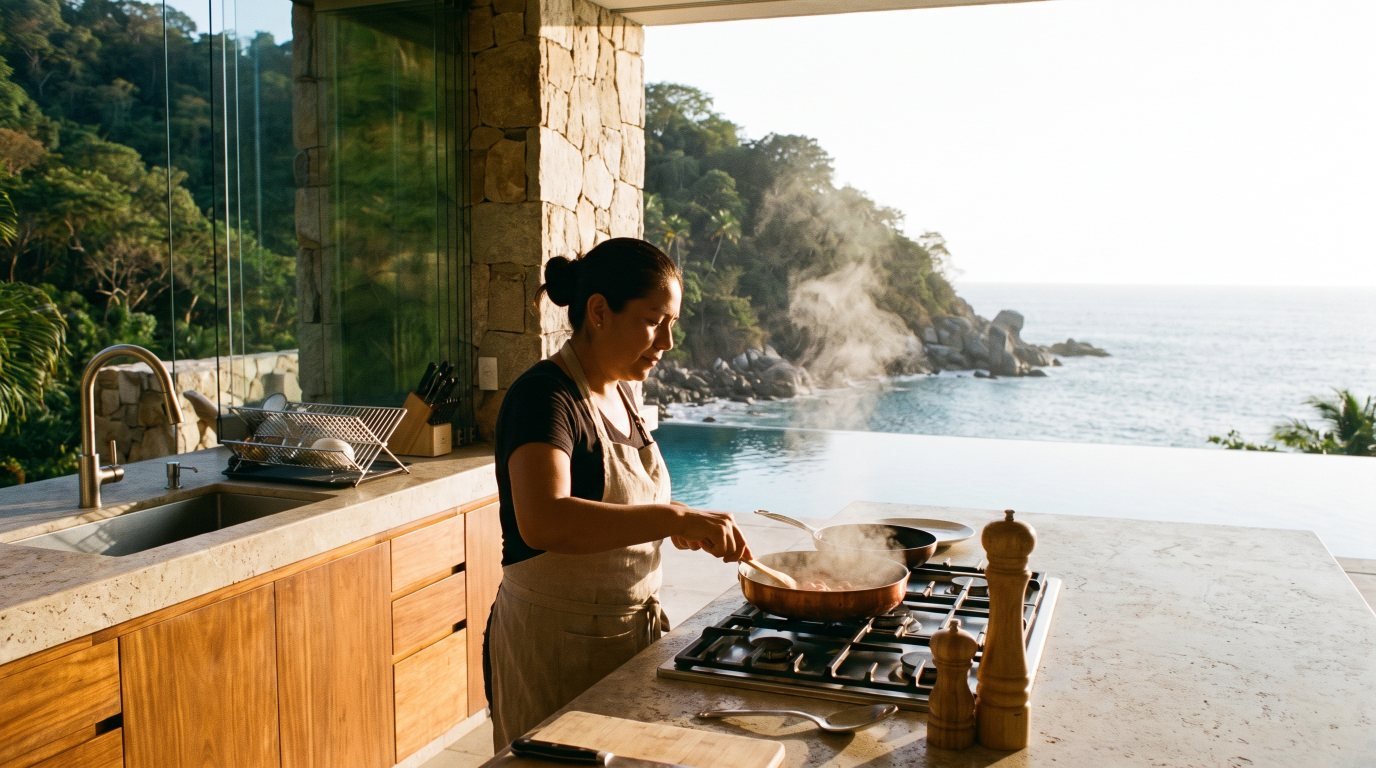 Private Chef in Conchas Chinas Private chef cooking in the open kitchen of a Conchas Chinas hillside villa with infinity pool and Banderas Bay view
