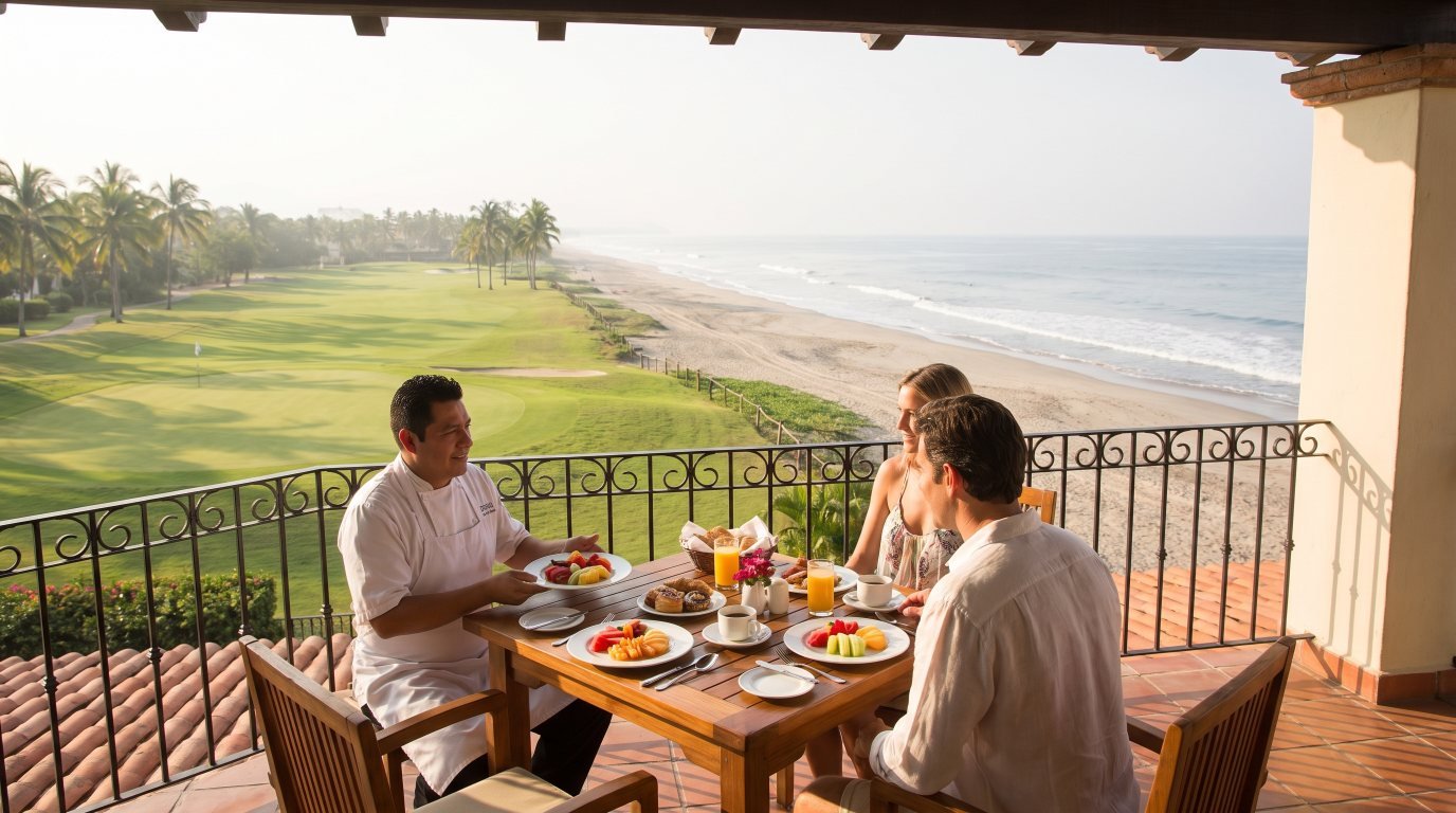 Private Chef in Flamingos Private chef serving breakfast on a Flamingos beachfront condo balcony with the long quiet beach and golf fairway nearby