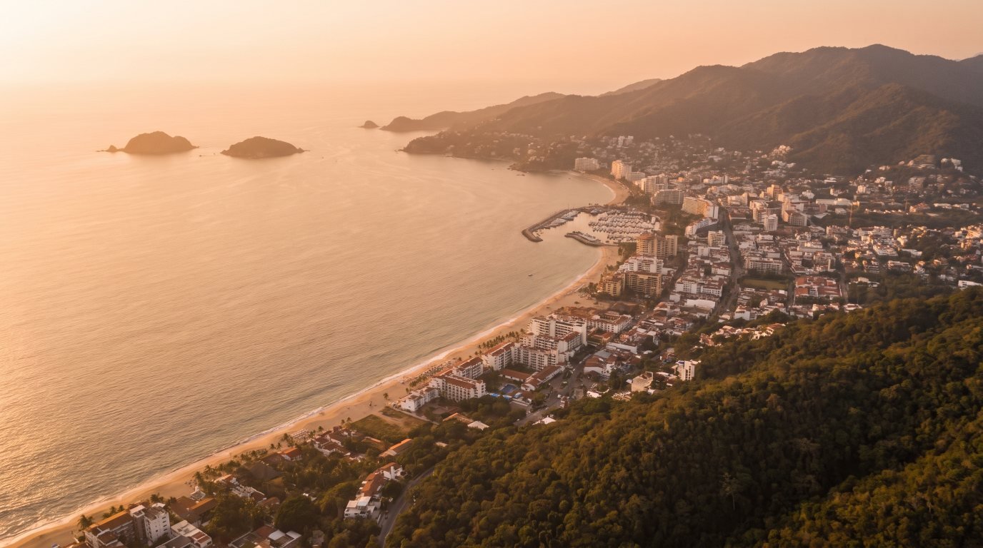 Private Chef Service Areas in Puerto Vallarta & Riviera Nayarit Aerial view of Banderas Bay at golden hour with Puerto Vallarta, its marina, beaches and the green mountains of Riviera Nayarit