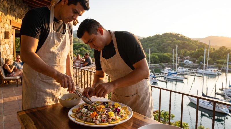 Private chef arranging a fresh ceviche platter on a La Cruz de Huanacaxtle villa terrace overlooking the marina at sunset