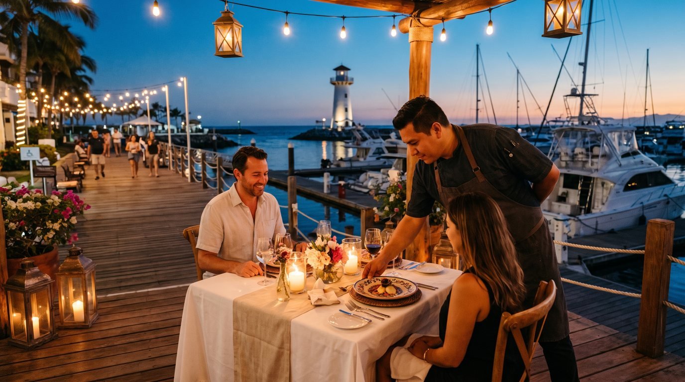 Private chef serving dinner on a Marina Vallarta waterfront terrace with the marina lighthouse at dusk