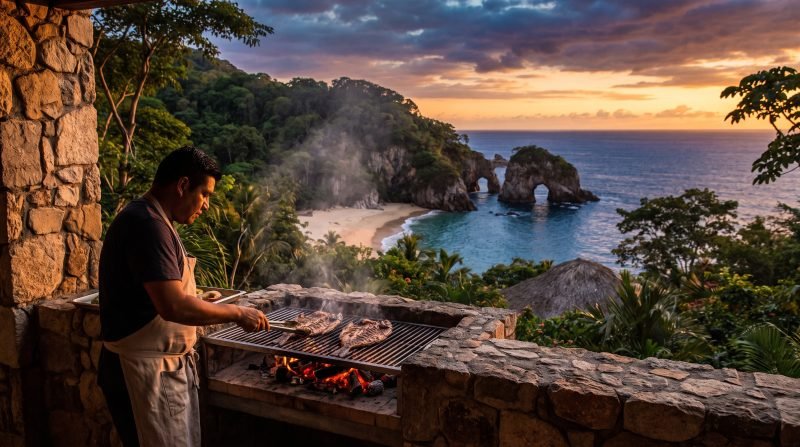 Private chef grilling whole fish over coals on a Mismaloya cliffside villa terrace above the cove with Los Arcos rock formations at sunset