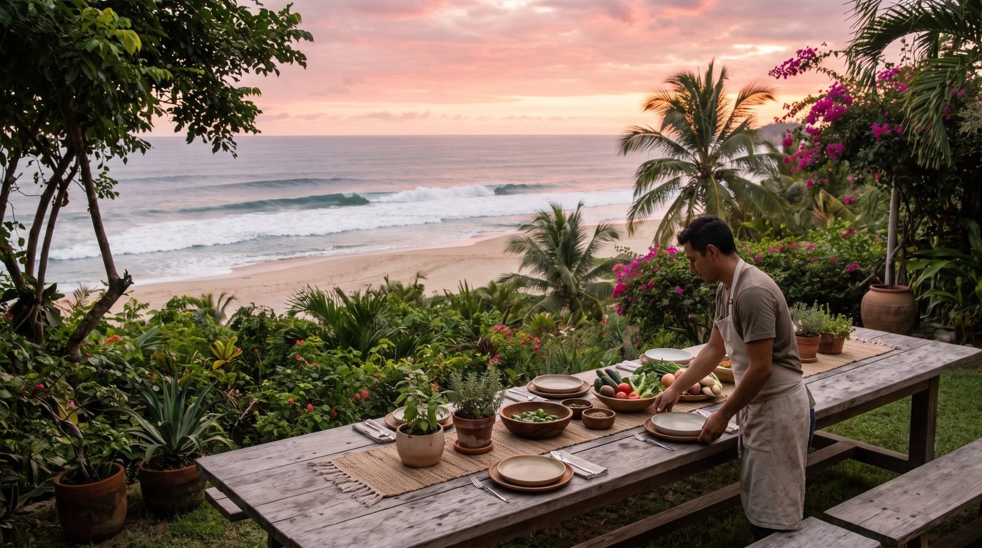 Private Chef in San Pancho Private chef setting a long farm-to-table dinner on a San Pancho hillside villa garden terrace with the wide beach and sunset behind