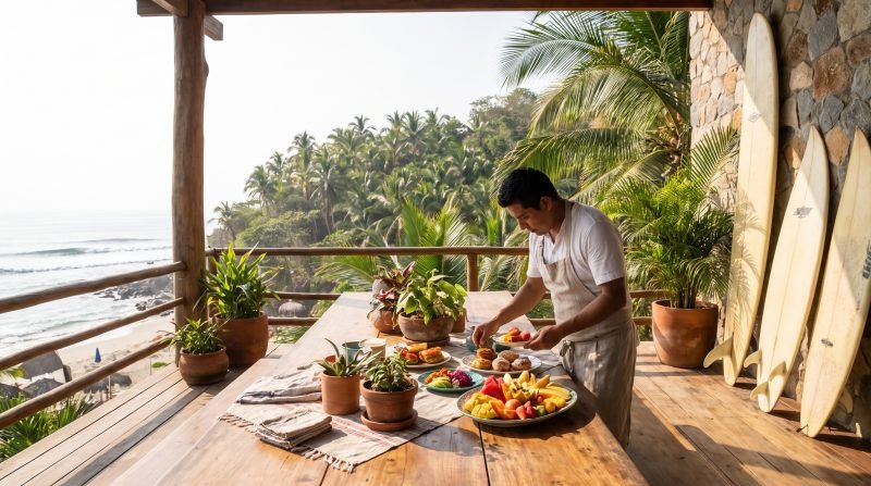 Private chef preparing a colorful brunch on a Sayulita hillside villa terrace with surfboards and the surf beach below