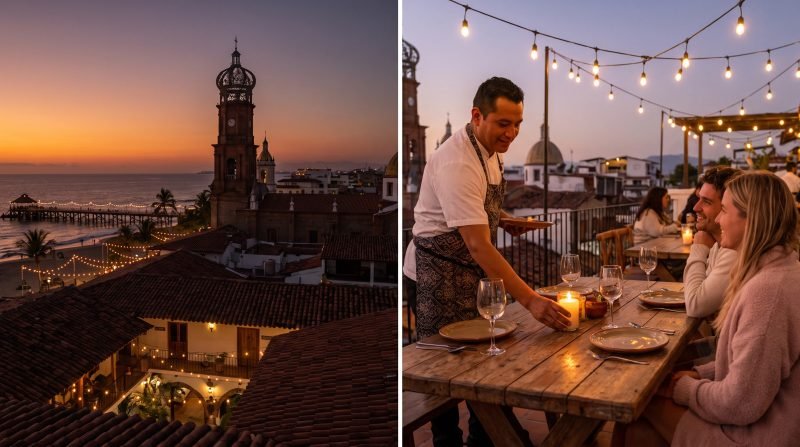 Private chef setting a candlelit rooftop dinner in Zona Romántica with Old Town Puerto Vallarta rooftops and Los Muertos pier at twilight