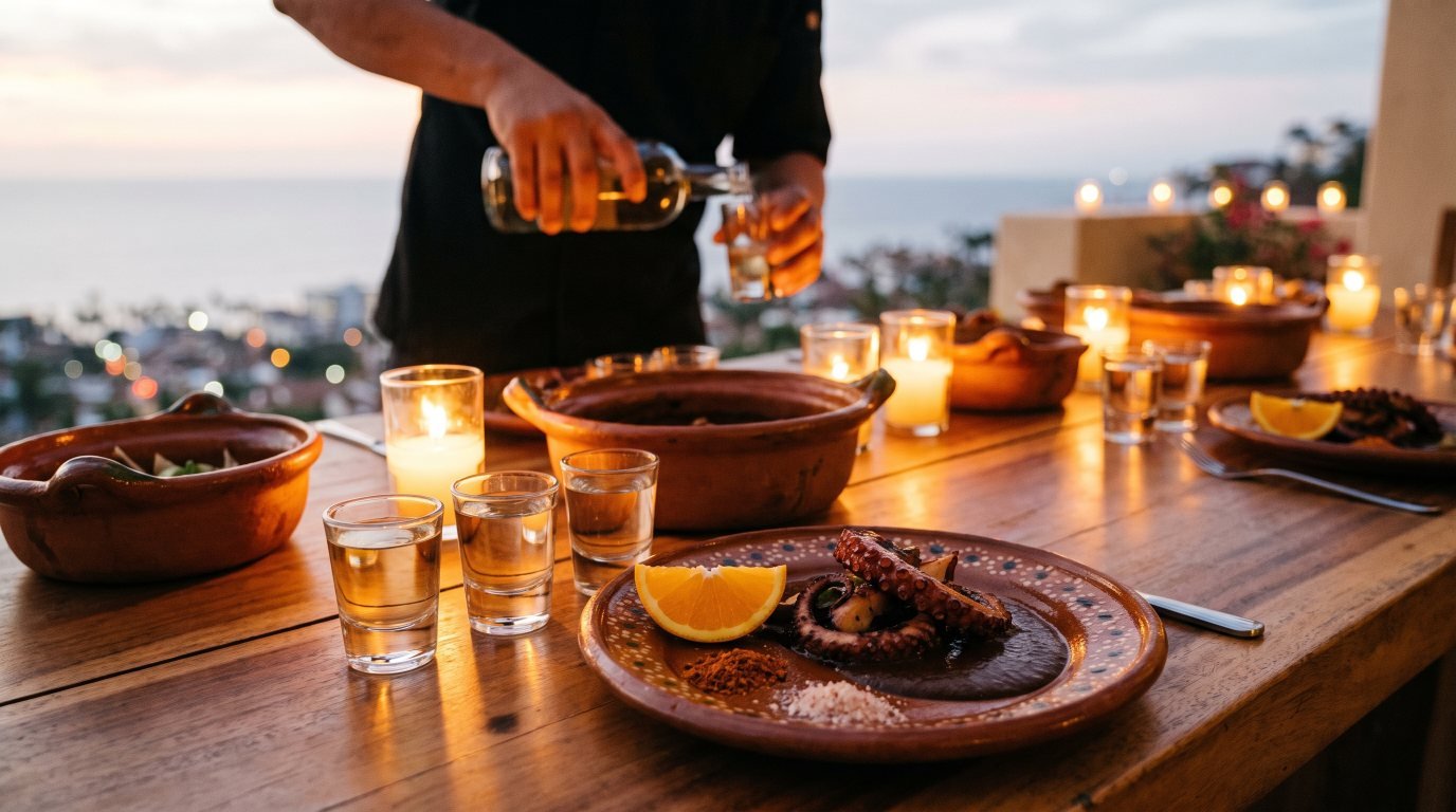 Tequila, Raicilla & Mezcal Pairing Dinner in Puerto Vallarta Tequila, raicilla and mezcal tasting glasses beside grilled octopus with mole at a villa pairing dinner in Puerto Vallarta