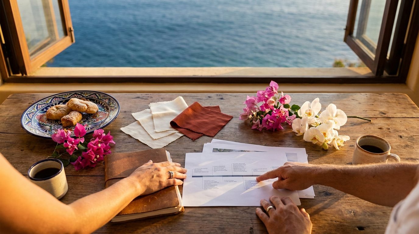 Bilingual wedding planner reviewing a destination wedding timeline with a couple in a Puerto Vallarta villa