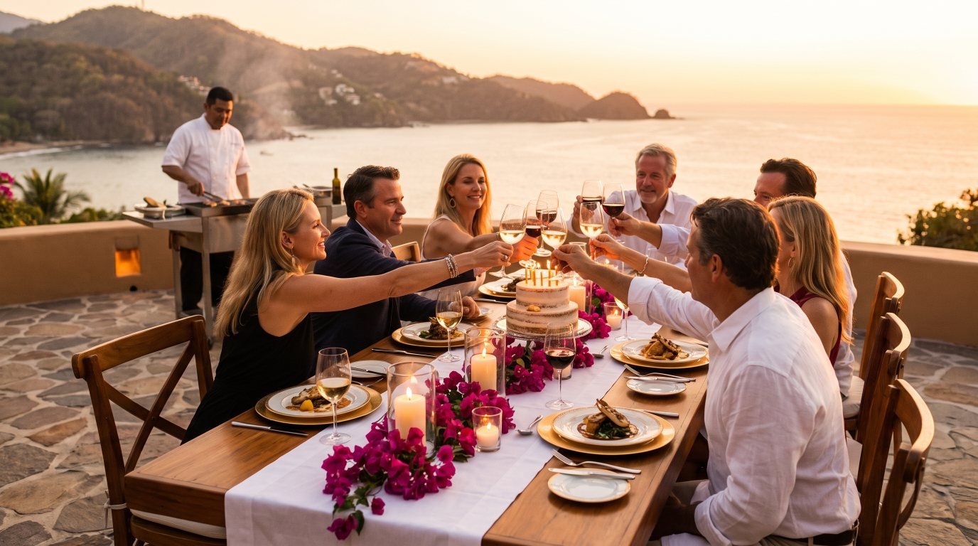 Private Chef for a Birthday Dinner in Puerto Vallarta Private chef birthday dinner on a villa terrace at sunset in Puerto Vallarta with a candlelit cake and friends toasting