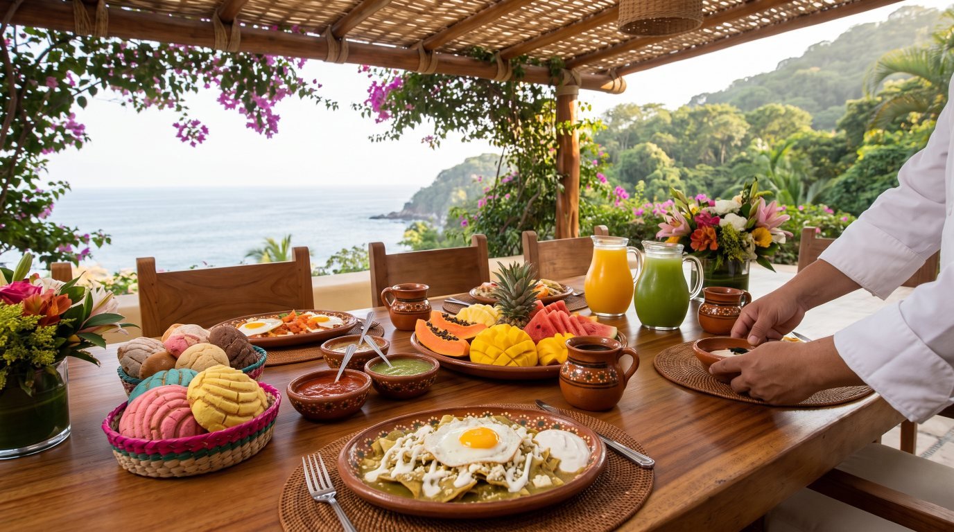 Breakfast & Brunch Private Chef in Puerto Vallarta Private chef serving a Mexican breakfast and brunch with chilaquiles, tropical fruit and fresh juices on a villa terrace in Puerto Vallarta