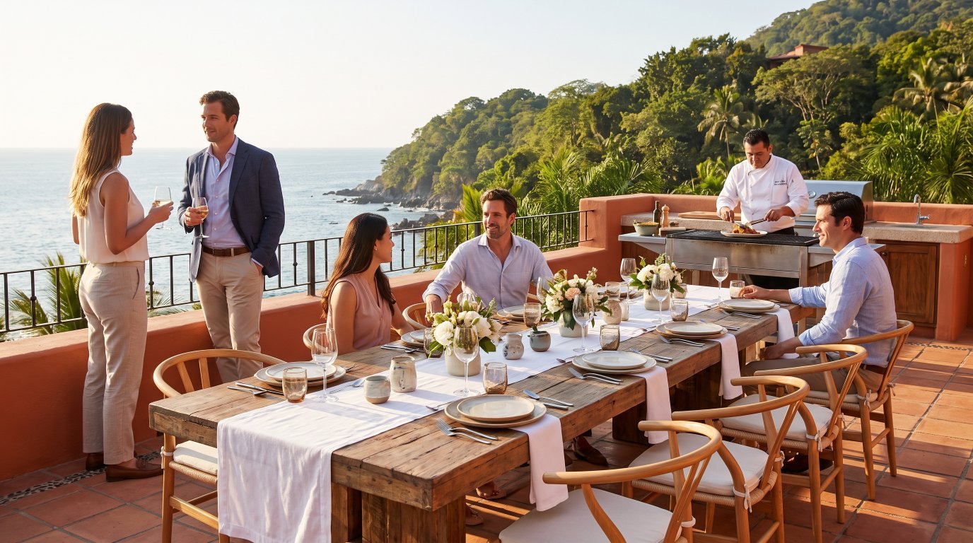 Corporate retreat group dinner set up on a Puerto Vallarta villa terrace