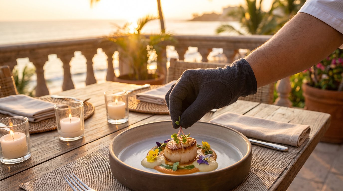 Private chef presenting a plated course table-side in Puerto Vallarta