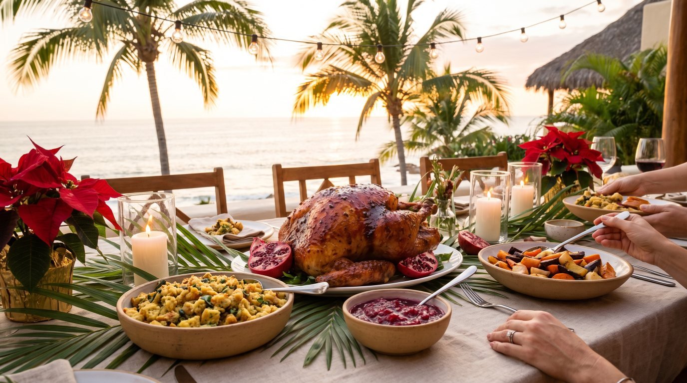 Thanksgiving & Christmas Dinner in a Puerto Vallarta Villa Holiday turkey dinner set on an oceanfront villa terrace in Puerto Vallarta with candles and tropical greenery