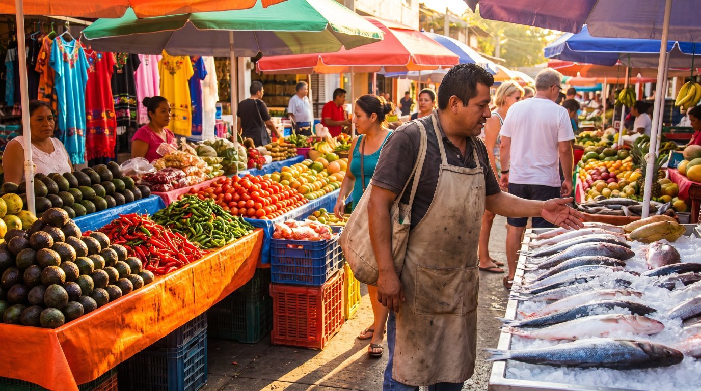 Colorful Puerto Vallarta market stalls with fresh produce and seafood