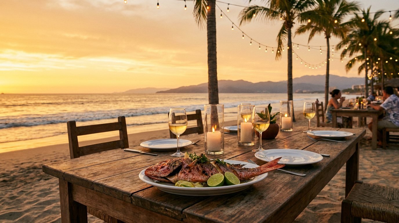 Seaside Restaurants in Puerto Vallarta Beachfront restaurant table at sunset on Banderas Bay, Puerto Vallarta