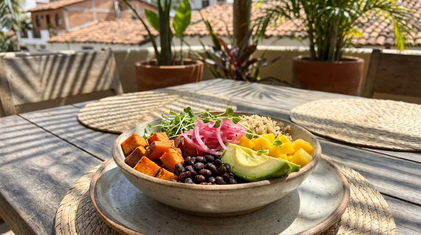 Vegan Dining in Puerto Vallarta Colorful plant-based vegan bowl at a tropical café in Puerto Vallarta