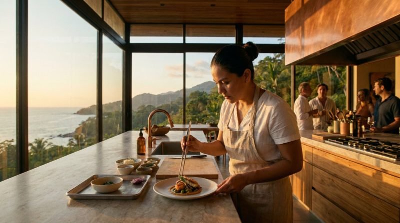 Private chef cooking in a Puerto Vallarta villa kitchen with ocean view at golden hour