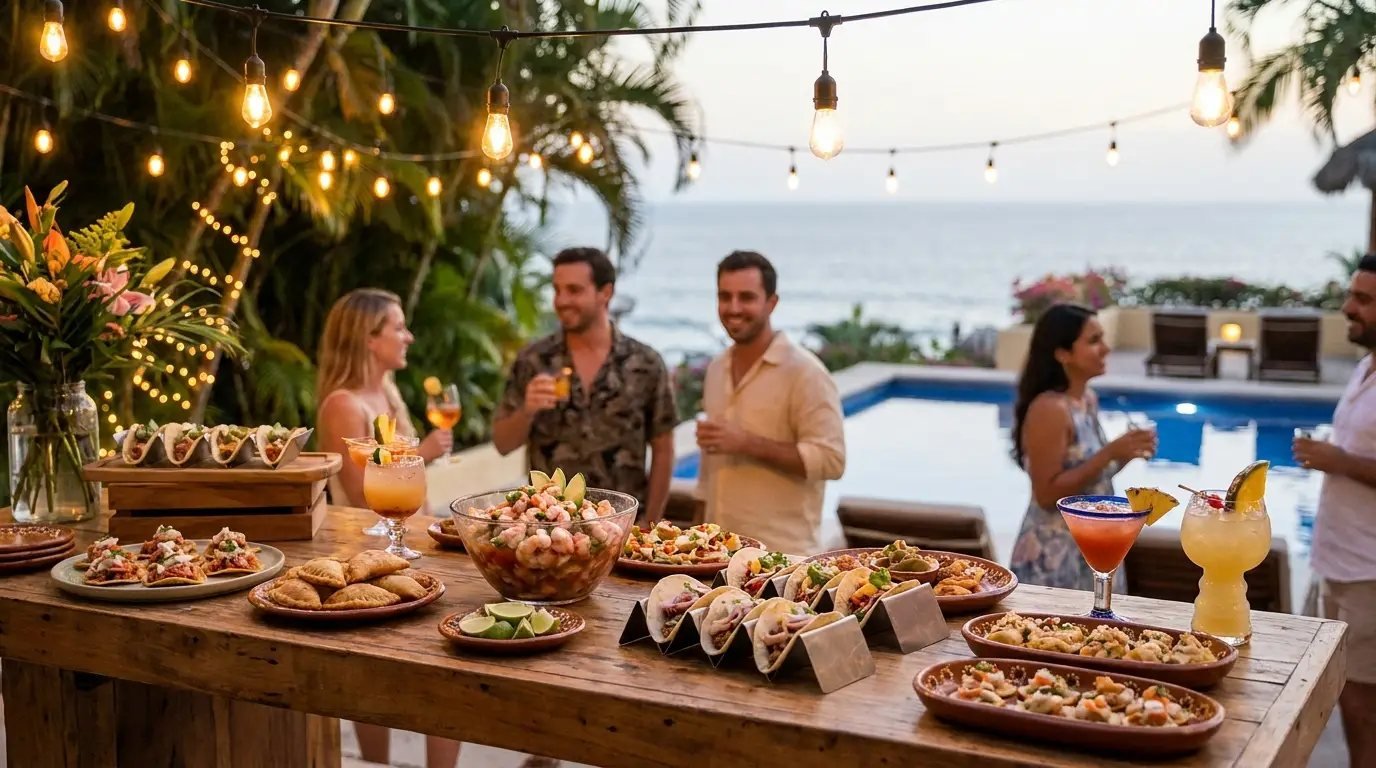Festive private party food spread with tacos, ceviche and cocktails at a Puerto Vallarta villa