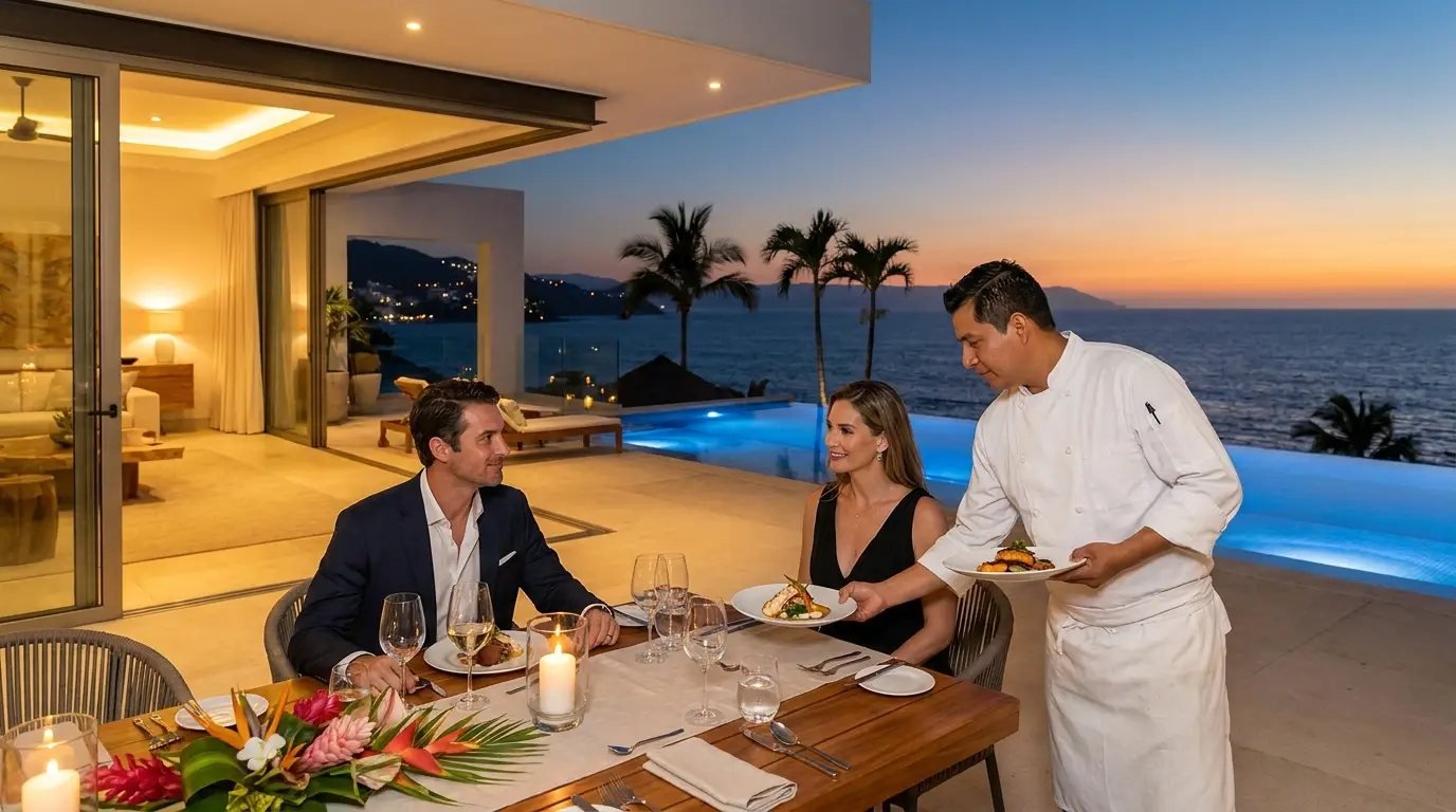 Private chef serving dinner to guests in a luxury villa with ocean view in Puerto Vallarta