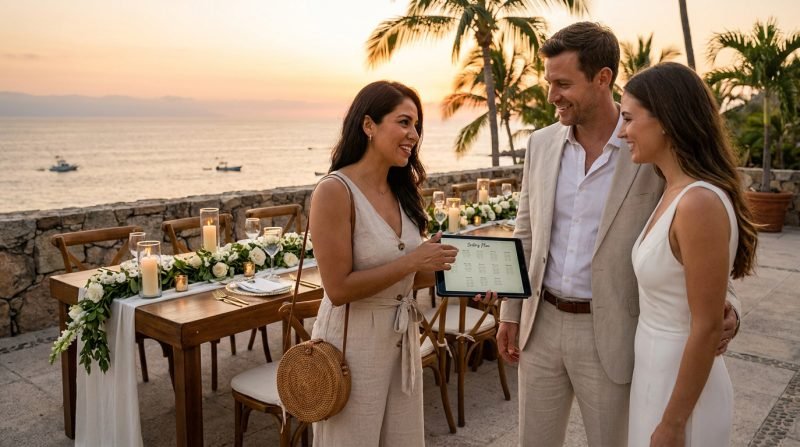 Bilingual wedding planner reviewing a seating chart with a couple at a beachfront reception table in Puerto Vallarta