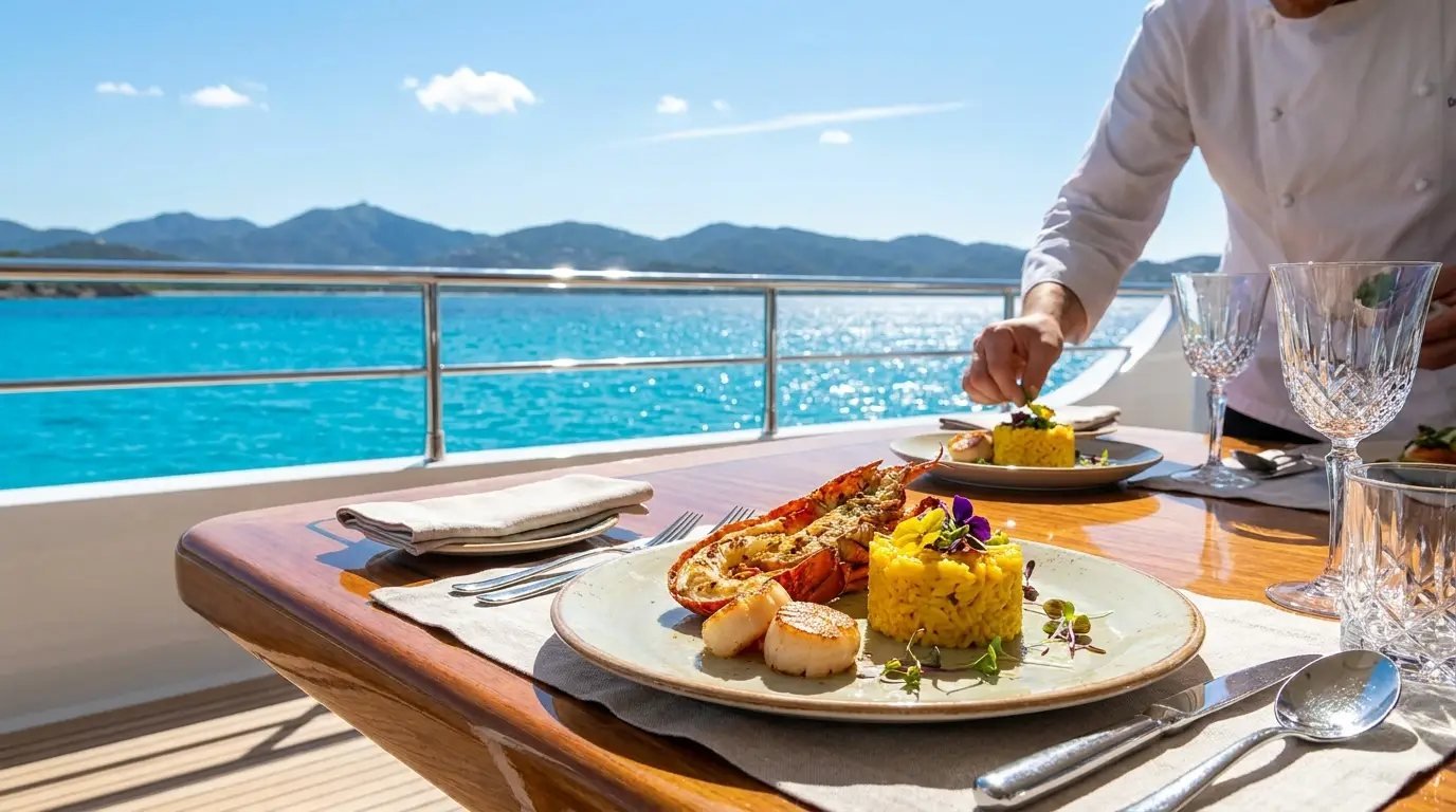 Private chef gourmet seafood lunch served on a luxury yacht deck on Banderas Bay